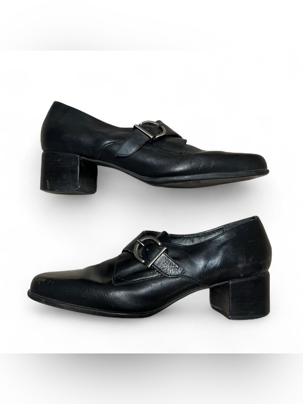 Bandolino 90s Black Leather Block Monkstrap Heeled Loafers